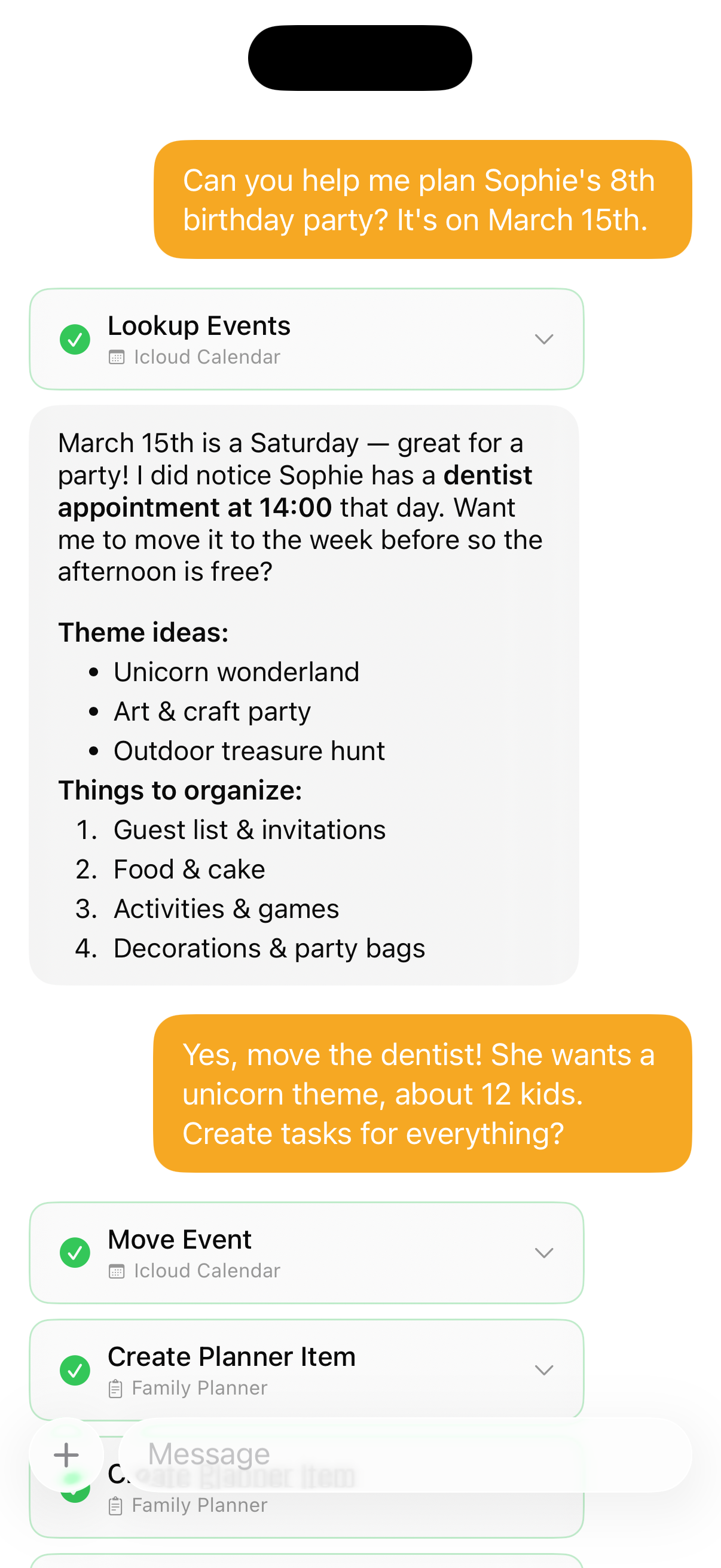 Honeycomb chat with calendar lookup and task creation